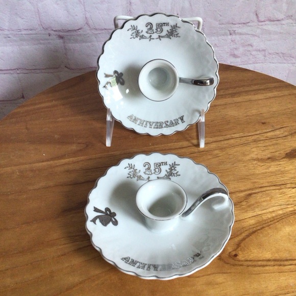 Vintage Lefton 25th Anniversary White and Silver Porcelain Candle Holder Pair - Picture 1 of 14